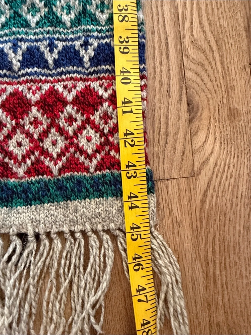 Eddie Bauer Wool Fair Isle Knit Fringe Scarf in Cream, Red, Green, Blue
